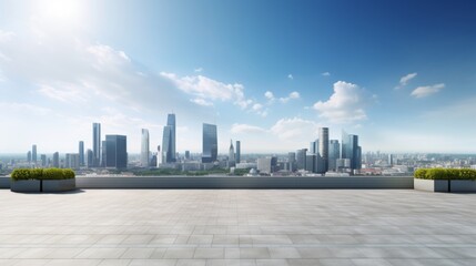 A panoramic view of a bustling city from the rooftop of a contemporary building. The sun shines brightly on the cityscape, casting long shadows across the streets