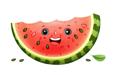 Cheerful watermelon slice illustration with a smiling face, vibrant colors, and seeds, perfect for summer and fruit-themed designs.