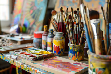 Fototapeta premium painting supplies table with a variety of paint colors and brushes. The table is covered in paint and has a messy appearance. Scene is chaotic and creative