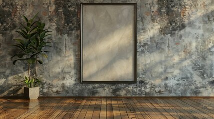 Empty frame on a textured concrete wall with a wooden floor