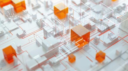 Abstract Digital Network with Orange and White Cubes