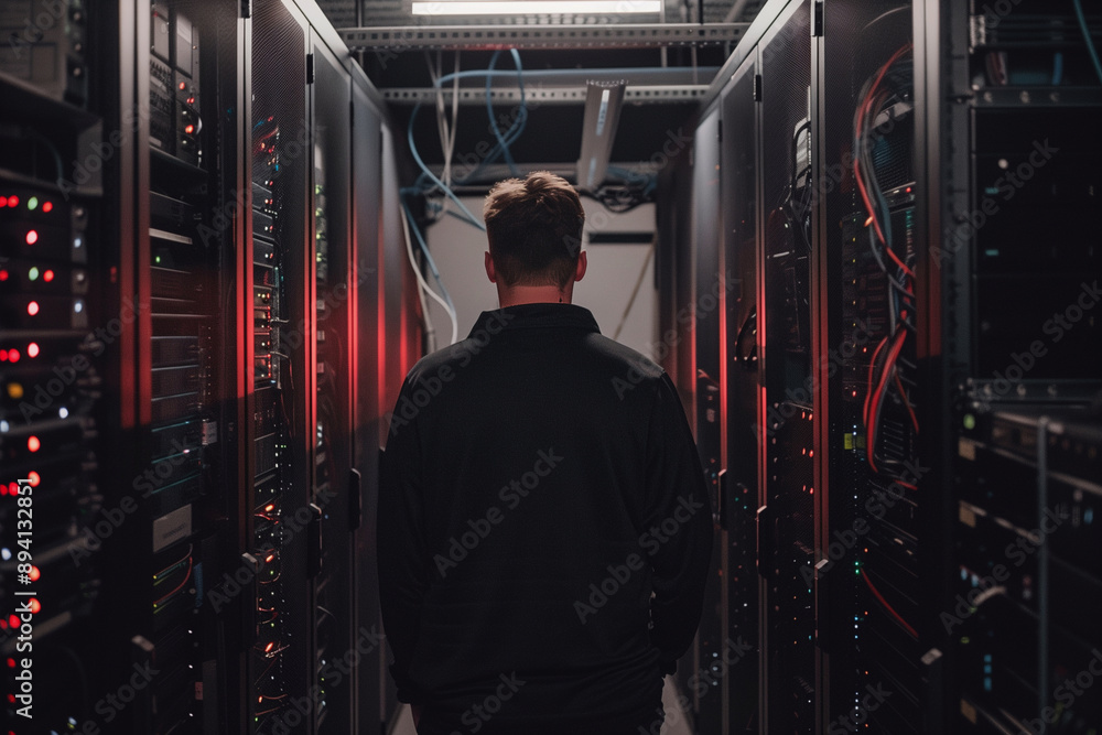 Poster man stands in a room with many computer servers. the room is dimly lit and the servers are glowing. 