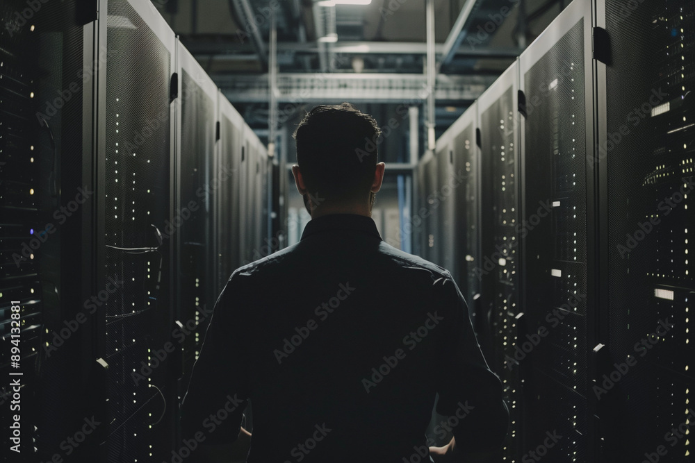 Poster man stands in a room with many computer servers. the room is dimly lit and the servers are glowing. 
