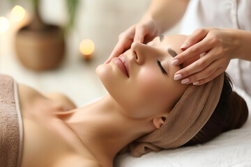 woman is getting a facial treatment with candles in the background. The candles are lit and the woman is laying down on a bed