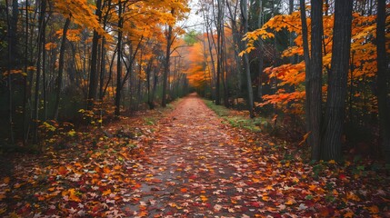 Fall forest hike colorful leaves tranquil nature. Wall hanging branches seamless pattern leaves fall with bright color flowers illustration background.