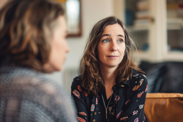 Two women are sitting on a couch, one of them is wearing a necklace. The woman on the left is wearing a gray sweater and the woman on the right is wearing a black shirt with a floral pattern