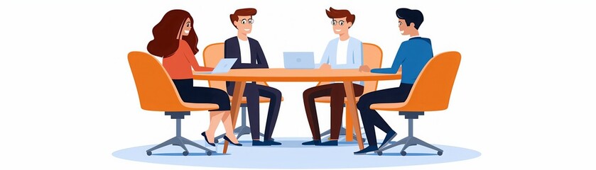 Obraz premium Illustration of four people seated around a table, working and discussing in a business meeting or team collaboration setting.