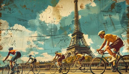 Cyclists Riding Past the Eiffel Tower in Paris on a Sunny Day