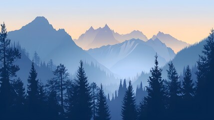 Obraz premium Realistic mountains landscape. Morning wood panorama, pine trees and mountains silhouettes. Vector forest hiking background. 
