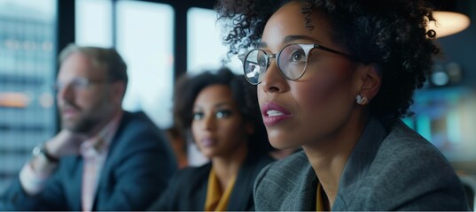 Obraz premium A diverse group of business professionals collaborating on a project in a boardroom.