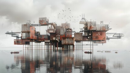 Fototapeta premium Floating architectural concept with interconnected buildings and sky bridges