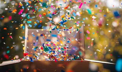 Vibrant Celebration Explosion: Colorful Confetti Bursting from Cardboard Box. Abstract 4K Wallpaper Capturing Festive Atmosphere, Joyous Occasions, Holiday Spirit, Birthday Surprises, and Exciting Rev