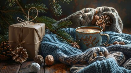 Obraz premium Winter holiday still life: gift, fir branch, nuts, cones, cocoa, coffee, cozy knitted blanket.