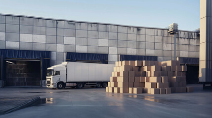 Obraz premium LKW Schwerlasttransport Logistikprozess vor Logistikzentrum mit vielen gestapelten Kisten Kartons Paletten Ladungssicherung Transport von Waren mit LKW Generative AI