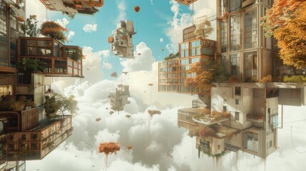 Fototapeta premium Floating architectural concept with interconnected buildings and sky bridges