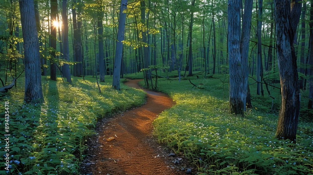 Poster a winding path through a forest, lined with budding trees and new growth on the forest floor