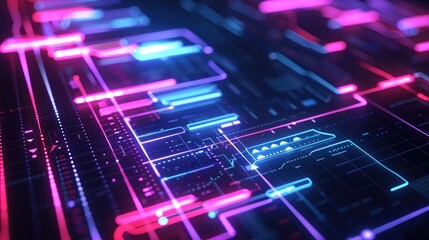 Neon Glowing Futuristic Circuit Board with Abstract Lines