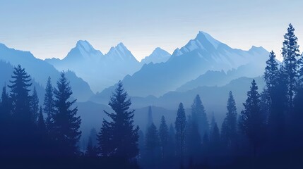 Obraz premium Realistic mountains landscape. Morning wood panorama, pine trees and mountains silhouettes. Vector forest hiking background. 