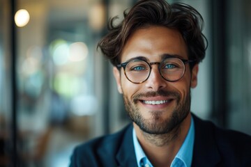 Obraz premium A smiling man in glasses exudes confidence and charm in a modern workspace, perfect for business or lifestyle themes.