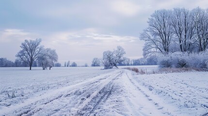 Obraz premium Beautiful Winter Field Blanketed in Snow with a Tranquil and Serene Atmosphere