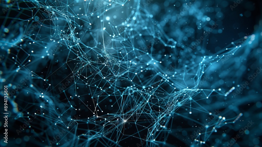 Poster blue fantasy abstract technology and science background featuring particles and plexus connected lin