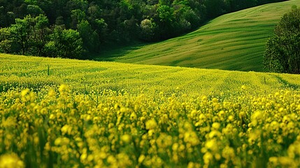 Beautiful Spring Field with Blooming Flowers and Fresh Green Grass