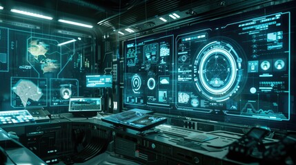 Obraz premium Floating holographic interfaces in a dark room