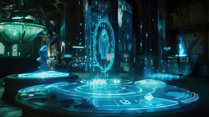 Obraz premium Floating holographic interfaces in a dark room