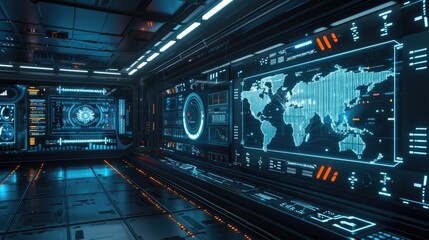 Fototapeta premium Floating holographic interfaces in a dark room
