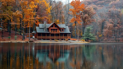 Log cabin by the lake in the woods, water reflections in fall, secluded lake house getaway. copy space for text.