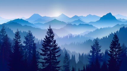 Realistic mountains landscape. Morning wood panorama, pine trees and mountains silhouettes. Vector forest hiking background. 