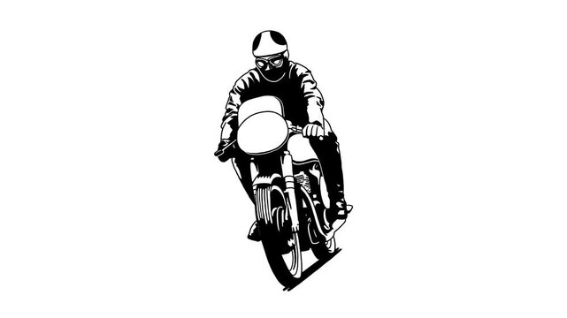 black and white animation of rider riding vintage oldschool retro old-fashioned classic racing motocycle. looped or seamless mode, isolated