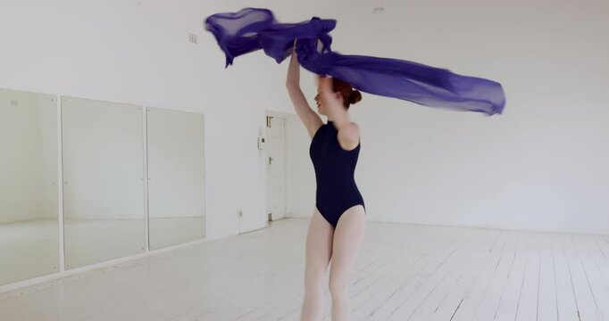 Ballet, studio and woman dance with fabric, training for performance art exhibition or abstract dancing during practice. Talent, creative dancer and prima ballerina working on elegant recital routine