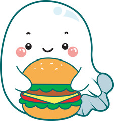 Illustration of cute white ghost icon.
Funny white ghost in activities stickers.
A cute white ghosts bring a burger.