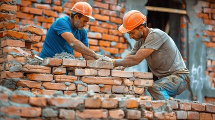 Construction Workers Building Brick Wall