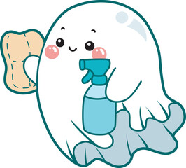 Illustration of cute white ghost icon.
Funny white ghost in activities stickers.
A cute white ghosts cleanign her room with spray.