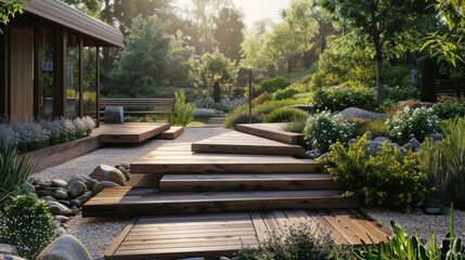 Modern Garden with Wooden Steps and Lush Greenery