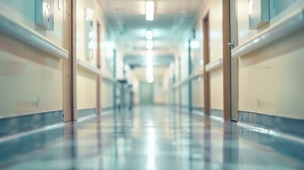 Fototapeta premium Blurred hospital or clinic corridor background with modern medical equipment and clean design for healthcare and scientific research concepts