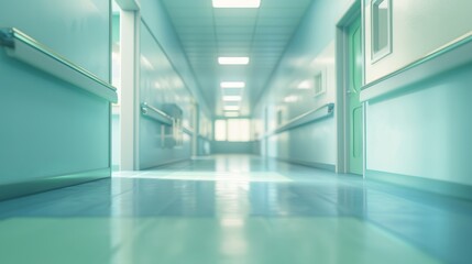 Blurred image background of a modern hospital corridor with clean design and bright lighting, ideal for medical and healthcare concepts