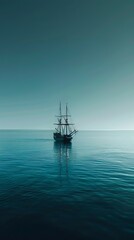 Fototapeta premium A boat adrift on a vast expanse of deep blue water