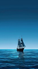 A lone sailboat sails across a calm blue sea against a clear sky