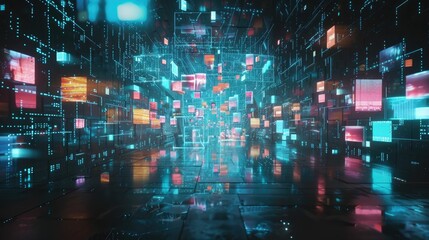 Fototapeta premium Floating holographic interfaces in a dark room