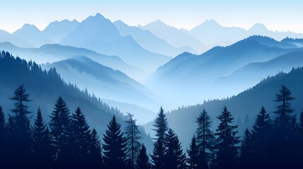 Realistic mountains landscape. Morning wood panorama, pine trees and mountains silhouettes. Vector forest hiking background. 