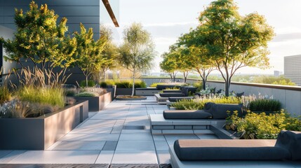 urban corporate garden on a rooftop, featuring sleek seating and modern landscaping