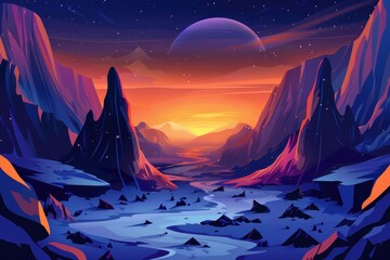 Colorful landscape of an alien planet with a blue river flowing through it
