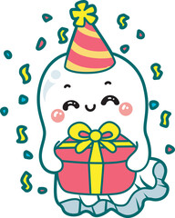 Illustration of cute white ghost icon.
Funny white ghost in activities stickers.
A cute white ghosts wearing hat party and bring a gift.