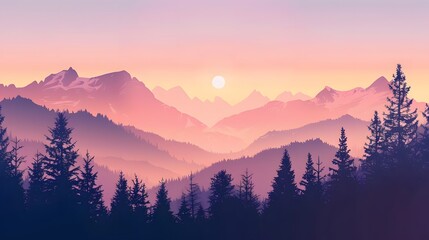 Obraz premium Realistic mountains landscape. Morning wood panorama, pine trees and mountains silhouettes. Vector forest hiking background. 