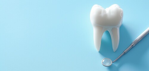 Mockup of tooth on neutral clean background. Banner, poster, background. Dentistry and Dental Health. Hygiene education