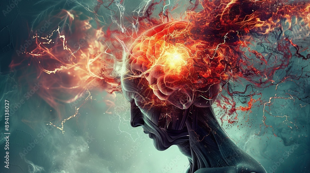 Poster detailed close-up of brain activity with dynamic neural connections and vibrant electrodes, illustra