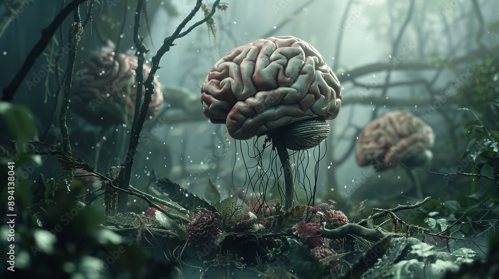 Poster detailed close-up of brain activity with dynamic neural connections and vibrant electrodes, illustra